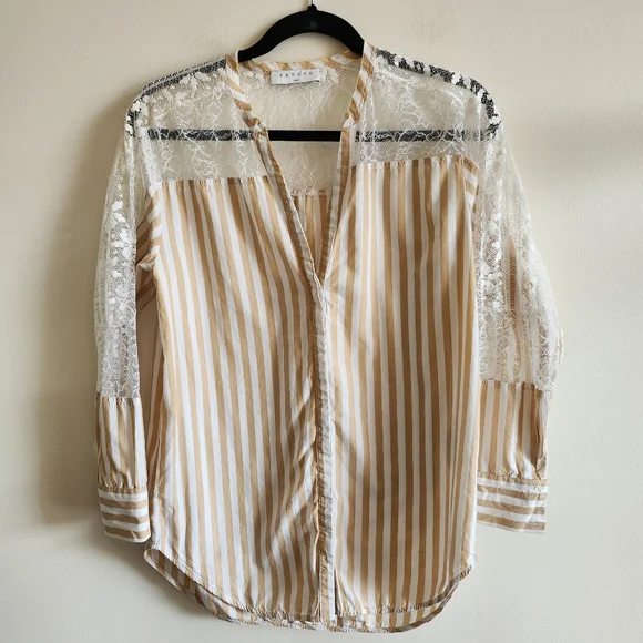 SANDRO I 1 (XS/S) lace and cotton button down shirt I tan and white stripes - Picture 3 of 11